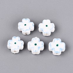 Light Sky Blue Handmade Porcelain Beads, Hand Painted, Famille Rose Porcelain, Clover, Light Sky Blue, 12~13.5x12~12.5x5.5~6mm, Hole: 2~2.2mm