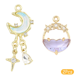 Light Sky Blue 2Pcs 2 Styles Alloy Glass Pendants, Moon and Flat Round with Star, Light Sky Blue, 21~35x14~15x4.5~5mm, Hole: 1.4~1.8mm, 1pc/style 