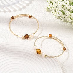 Golden Round Natural Amber and Pearl Beads Brass Cuff Bangles, Golden, Inner Diameter: 1.97 inch(5cm)