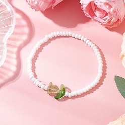 Светло-зеленый Стеклянные бусины эластичные браслеты для женщин, тюльпан, со стеклянным цветком, светло-зеленый, внутренний диаметр: 2-1/8 дюйм (5.3 см)