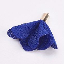 Blue Cloth Pendant Decorations, with Brass Findings, Flower, Golden, Blue, 32~34x21~27mm, Hole: 1mm