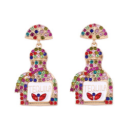 (52) Непрозрачная лаванда Серьги-гвоздики с подвесками из цинкового сплава со стразами, Флакон духов, с эмалью, золотые, разноцветные, 51x26 мм