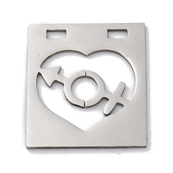 Нержавеющая Сталь Цвет 201 подвески из нержавеющей стали, прямоугольник с символом и подвеской в виде сердца, лазерная резка, анти-тускнение, цвет нержавеющей стали, 24x27x1 мм, отверстие : 4x2 мм