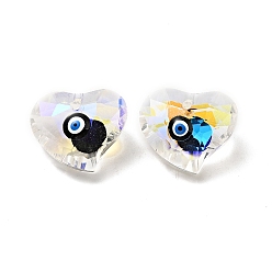 Black Transparent Glass Beads, with Enamel, Faceted, Heart with Evil Eye Pattern, Black, 15.5x18.5x10mm, Hole: 1.6mm