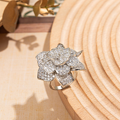 Серебро Кольца для женщин с микропаве из латуни и кубическими цирконами, цветок, серебряные, 40x40 мм, внутренний диаметр: 18 мм