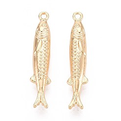 Настоящее золото 18K Латунные подвески, рыба, реальный 18 k позолоченный, 28.5x5.5x4 мм, отверстие : 1.2~1.4 мм