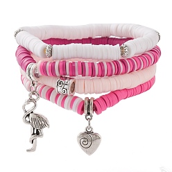 (52) Непрозрачная лаванда 4 шт 4 стили полимерная глина хейши бусины эластичные браслеты наборы, штабелируемые браслеты, со сплавными европейскими бусинами и подвесками, фламинго и сердце, античное серебро, разноцветные, внутренний диаметр: 2-1/8 дюйм (5.4 см), 1 шт / стиль