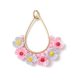 Pink Стеклянные подвески из бисера, с фурнитурой из нержавеющей стали и бусинами из искусственного жемчуга, слезинка с цветком, розовые, 27x28x5 мм, отверстие : 3 мм