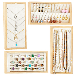 Beige 4Pcs 4 Styles Rectangle Wood & Velveteen Jewelry Organizer Display Trays for Rings Earrings Necklaces Bracelets, Beige, 11~22.6x11.3~22.7x2.25cm, 1pc/style
