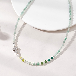 Зеленый Ожерелье из натурального зеленого авантюрина ограненного круглого размера, окрашенного малазийского нефрита и жемчуга с крестом из прозрачного кубического циркония, украшенным микропаве., платина, зелёные, 15.47~15.51 дюйм (39.3~39.4 см)