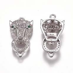Платина Соединители из латуни с микропаве и кубическим цирконием, леопард головы, прозрачные, платина, 29x14.6x6.5 мм, отверстие : 1.6 мм