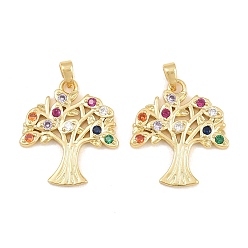 Real 18K Gold Plated Brass Micro Pave Colorful Cubic Zirconia Pendants, Tree Charms, Real 18K Gold Plated, 24x21x2.5mm, Hole: 4x3mm