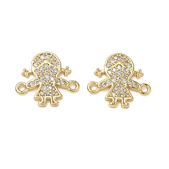 Golden Brass Micro Pave Colorful Cubic Zirconia Connector Charms for Jewelry Making, Girl Links, Cadmium Free & Lead Free, Real 18K Gold Plated, Golden, 12x13.5x1.5mm, Hole: 1mm