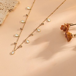 Teardrop 304 Stainless Steel Natural White Shell Multi Pendant Necklaces for Women, with Clear Cubic Zirconia, Golden, Teardrop, 15.75 inch(40cm), Pendant: 10x5.5mm