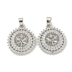 Platinum Rack Plating Brass Peg Bail Pendants Micro Pave Cubic Zirconia, Cadmium Free & Nickel Free & Lead Free, Flat Round with Flower , Platinum, 20.5x18x4.5mm, Hole: 5x2.5mm, pin: 0.7mm