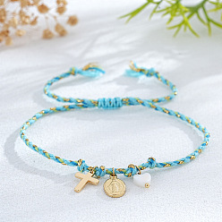 Темно-Голубой Браслеты с подвесками из латуни и натуральных ракушек, регулируемые плетеные браслеты из волоконного шнура для женщин, крест и овал с Девой Марией и сердцем, глубокое синее небо, внутренний диаметр: 11 дюйм (28 см)