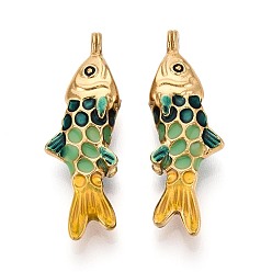 Темный Морско-зеленый 304 подвески из нержавеющей стали и эмали, рыбы прелести, ионное покрытие (ip), реальный 18 k позолоченный, темно-зеленый, 36.5x12x7~7.5 мм, отверстие : 1.6 мм