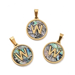Letter W Вакуумное покрытие pvd 304 нержавеющая сталь с подвесками из ракушек пауа, золотые, плоский круглый с подвеской в виде буквы, буква.w, 18x16x1.5 мм, отверстие : 3x6 мм