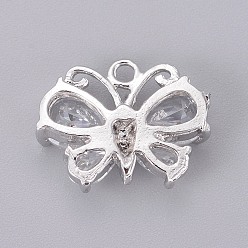 Platinum Brass Cubic Zirconia Pendants, Long-Lasting Plated, Butterfly, Clear, Platinum, 12x15x4mm, Hole: 1.5mm
