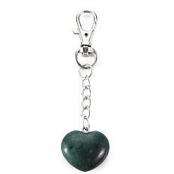 Green Aventurine Natural Green Aventurine Keychain, with Brass Lobster Claw Clasps and Iron Chains, Heart, Platinum, 80~86mm