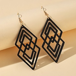 Black Hollow Iron Wood Dangle Earrings for Women, Rhombus, Golden, Black, 90x35mm