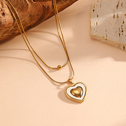Golden 304 Stainless Steel Natural White Shell Heart Pendant Double Layer Necklaces for Women, Golden, 15.75 inch(40cm), Pendant: 20.5x20.7mm