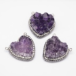Amethyst Heart Natural Druzy Amethyst Pendants, with Rhinestone and Brass Findings, Platinum, 29~30x29x11~14mm, Hole: 2mm