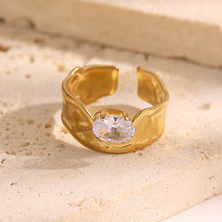 Real 18K Gold Plated 304 Stainless Steel Rhinestone Open Cuff Rings for Women, Round, Real 18K Gold Plated, Inner Diameter: 17.4mm