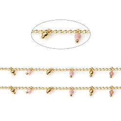 Розовый Кварц Граненые цепочки из натурального розового кварца ручной работы, латунь бордюр цепи, пайки, с катушкой, долговечный, золотые, 3x1.8x0.8 мм, бусины : 6x3 мм, около 32.8 футов (10 м) / рулон