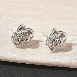 Платина Серьги-гвоздики из латуни с микропаве из кубических цирконий в форме цветка розы, стойки покрытие, долговечный, без кадмия и без свинца, платина, 15x13 мм