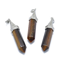 Tiger Eye Natural Tiger Eye Pointed Pendants, with Alloy Findings, Bullet, Platinum, 61x14.5x12.5mm, Hole: 3.5x
7.5mm