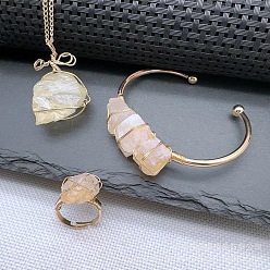 Желтый Кварц Ожерелье с подвеской из натурального желтого кварца, браслет-манжета и кольца, наборы из проволочной обмотки, сплав ювелирных изделий, золотые, 18.90~49.69 дюйм (480 мм)