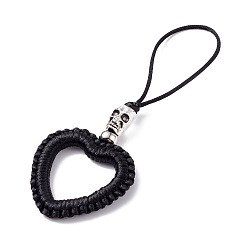 Black Heart Braided Nylon Cord Mobile Accessories, Phone Hanging Pendant Decor, with Alloy Skull Beads, European Brass Beads & Iron Findings, Black, 11cm