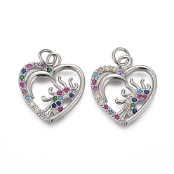Платинированный Латунные микро-паве красочные кубические циркониевые подвески, с прыжковых колец, долговечный, бабочка с луной и солнцем, Реальная платина, 19x17x2 мм, отверстие : 3 мм