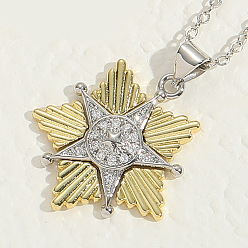 Étoile  Colliers pendentifs bicolores en laiton sertis de micro-pavés de zirconiums cubiques transparents pour femmes, platine et d'or, étoiles, 17.72 pouce (45 cm), pendentif: 21x23 mm