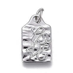 Real Platinum Plated Brass Pendants, with Jump Rings, for Valentine's Day, Long-Lasting Plated, Rectangle with Word Love, Real Platinum Plated, 16x10x1mm, Hole: 3mm