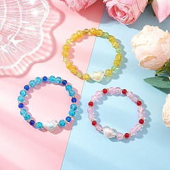 (52) Непрозрачная лаванда 3 шт. 3 цвета, окрашенные распылением, стеклянные бусины с эффектом кракле, эластичные браслеты для женщин, круглый и сердце, с акриловыми шариками, разноцветные, внутренний диаметр: 2 дюйм (5.2 см), 1 шт / цвет