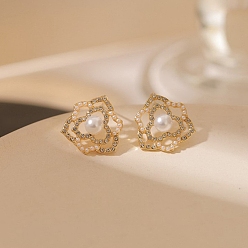 Золотой Женские серьги из сплава со стразами, с бусинами из искусственного жемчуга и булавкой из стерлингового серебра 925, золотые, 18x11 мм