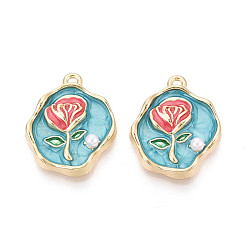 Средний Бирюзовый Подвески из эмали, АБС-пластика и искусственного жемчуга с гальваническим покрытием., самородки с цветочными подвесками, без кадмия, без никеля и без свинца, золотые, средне бирюзовый, 25x20x4.5 мм, отверстие : 1.8 мм