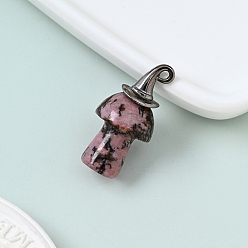 Rhodonite Natural Rhodonite Pendnats, with Alloy Finding, Mushroom Charms, 30x25mm
