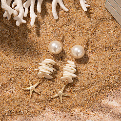 Кремово-белый Серьги-гвоздики с имитацией жемчуга из цинкового сплава, cmолой, морская звезда, золотые, кремово-белые, 60 мм