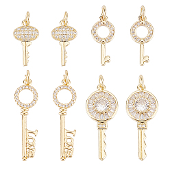 Real 16K Gold Plated 8Pcs 4 Style Brass Micro Pave Clear Cubic Zirconia Pendants, with Jump Ring, Mix-shaped, Real 16K Gold Plated, 2pcs/style