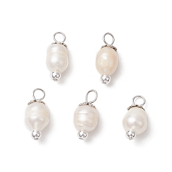 Нержавеющая Сталь Цвет Подвески из натурального культивированного пресноводного жемчуга и риса, с 304 петлями из нержавеющей стали и гальваническим немагнитным синтетическим гематитом, цветочный белый, цвет нержавеющей стали, 16.5~17x7.5~8.5 мм, отверстие : 3.5 мм