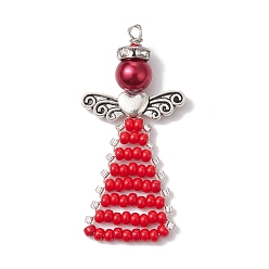 Красный Подвески из бисера, с антикварной серебряной фурнитурой из латуни, угол, красные, 49x23.5x8.5 мм, отверстие : 2 мм