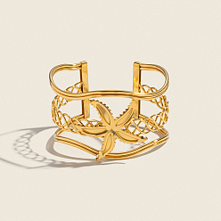 Настоящее золото 18K Винтажные морские звезды 304 браслеты из нержавеющей стали, широкие браслеты для женщин, реальный 18 k позолоченный, внутренний диаметр: 2.46 дюйм (6.25 см)