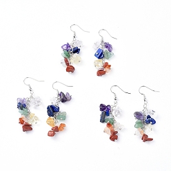 Mixed Stone Chakra Jewelry, Dangle Earrings, Cluster Earrings, with Natural & Synthetic Mixed Stone Chips and Platinum Plated Brass Earring Hooks, 60~63mm, Pin: 0.5mm