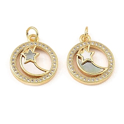 Real 18K Gold Plated Brass Cubic Zirconia with Shell Pendants, Long-Lasting Plated, Lead Free & Cadmium Free, Flat Round, Real 18K Gold Plated, 18x15.5x3mm