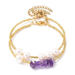 Amethyst Plated Glass Bugle Beaded Bracelets Sets, Stackable Bracelets, with Chip Natural Amethyst Beads, Natural Pearl Beads and 304 Stainless Steel Lobster Claw Clasps, Golden, Inner Diameter: 2 inch(5.2cm), 2pcs/Set