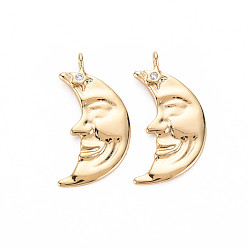Настоящее золото 18K Латунные микропаве прозрачные подвески с фианитом, без никеля , луна, реальный 18 k позолоченный, 24.5x14x3 мм, отверстие : 1.6 мм