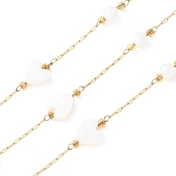 Золотой 304 Цепи из нержавеющей стали и натуральных ракушек с круглыми бусинами и сердечками, ионное покрытие (ip), пайки, с катушкой, золотые, 9.5x7.5x3 мм
